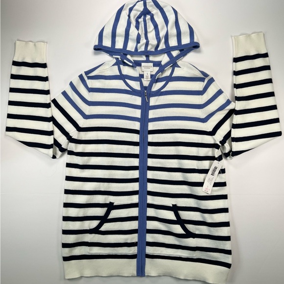 Weekends by Chico’s Zip Up Jacket w/ Hood and 3/4 Sleeves - smokey blue, size 8 - Picture 1 of 11